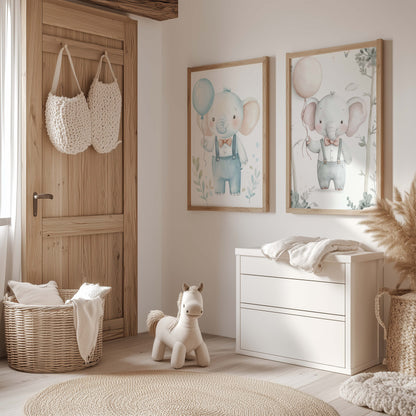Niedliches Elefanten Kinderzimmer Poster · Aquarell Elefant mit Ballon · Babyzimmer Wanddeko · Pastell Tierillustration · Print ohne Rahmen