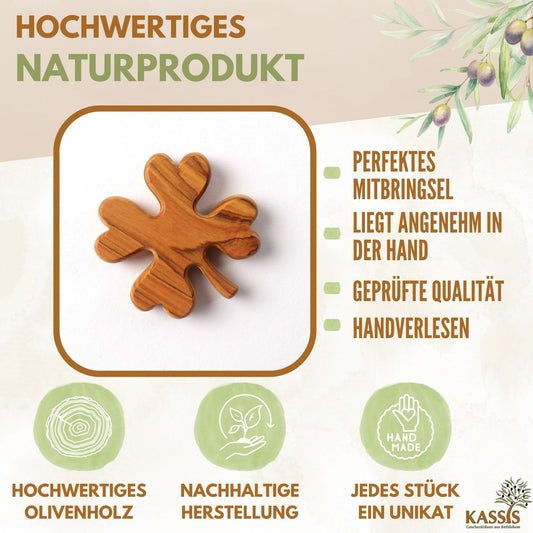 Kleeblatt Handschmeichler aus Olivenholz | Glücksbringer als Geschenk für Geburtstag, Prüfung & Neuanfang